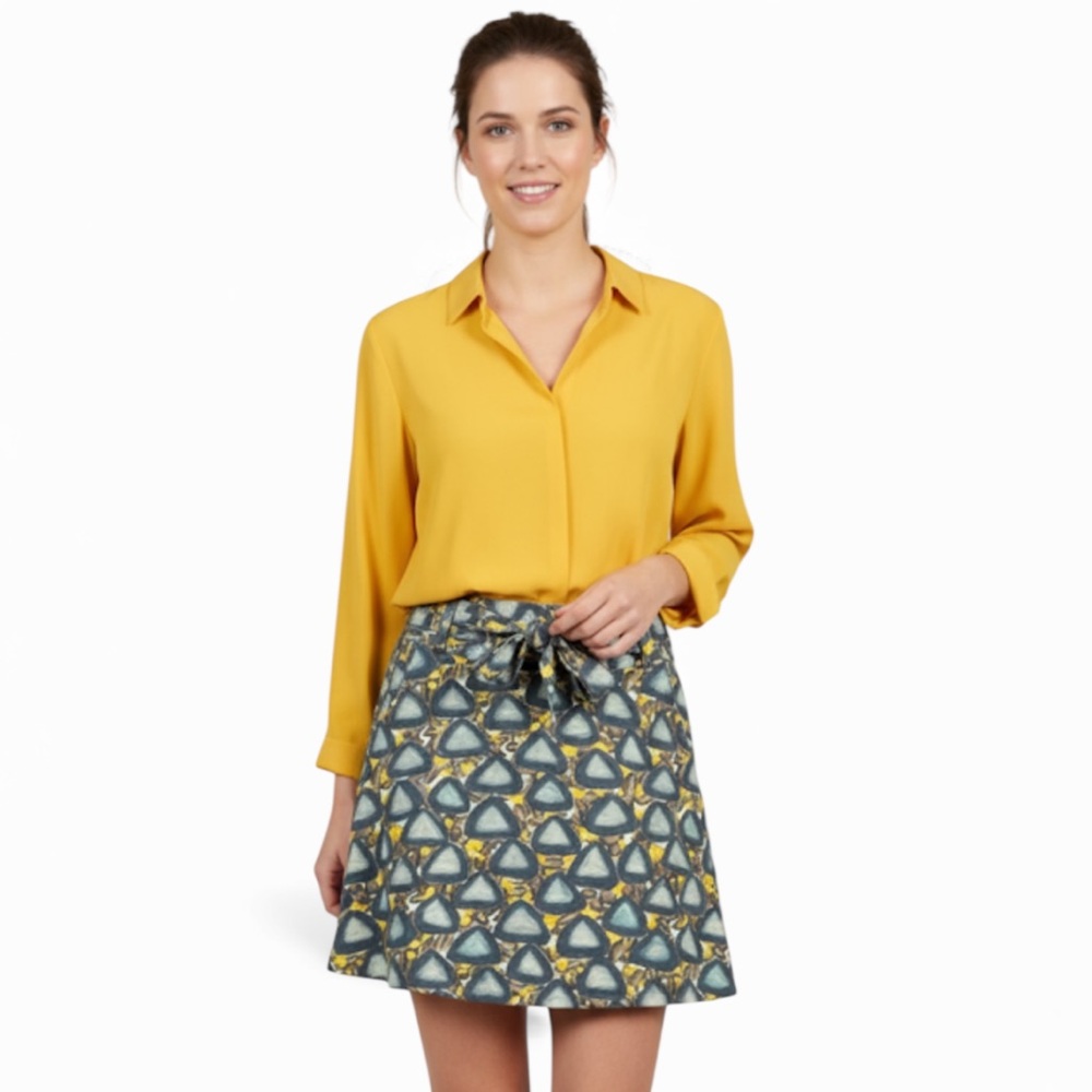 Fei Anthropologie Blue & Yellow Abstract Tie Waist Skirt Women’s Size 4